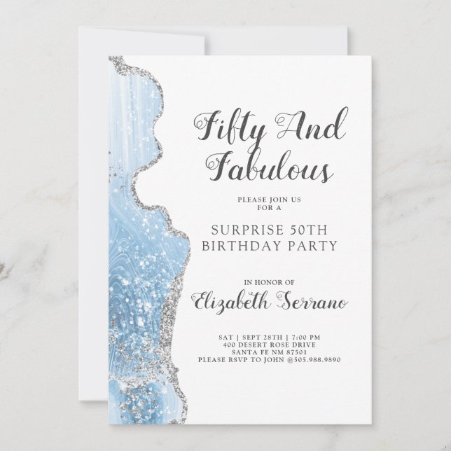 Invitación Elegante Agate Azul Sorpresa 50 cumpleaños (Anverso)