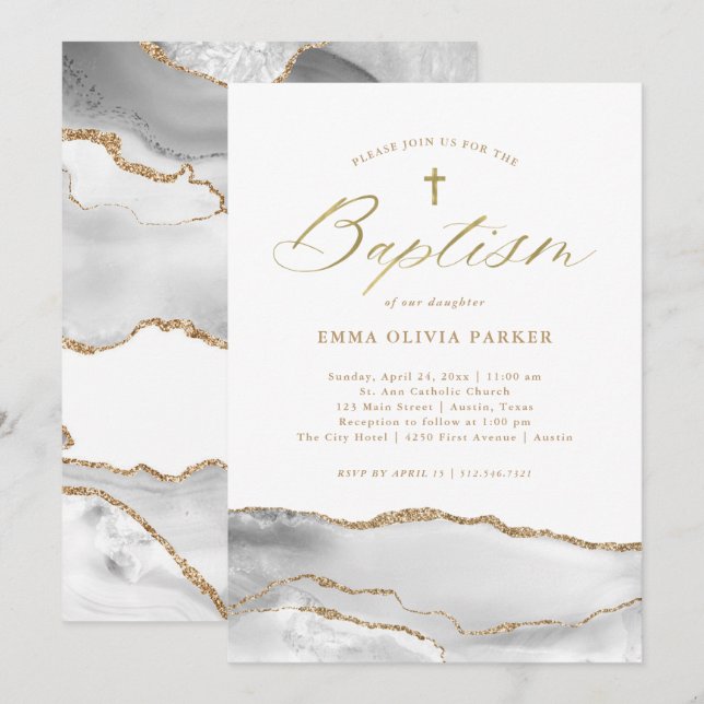 Invitación Elegante Agate blanco con cruz de oro | Bautismo (Anverso / Reverso)