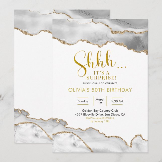 Invitación Elegante Agate Blanco y Oro Sorpresa Cumpleaños (Anverso / Reverso)