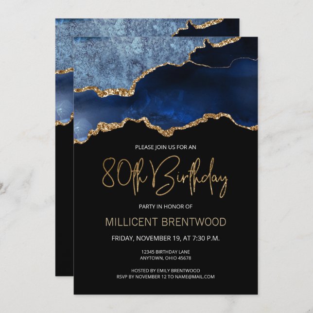 Invitación Elegante Agate de Oro Azul 80 cumpleaños (Anverso / Reverso)