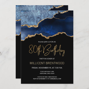 Invitación Elegante Agate de Oro Azul 80 cumpleaños