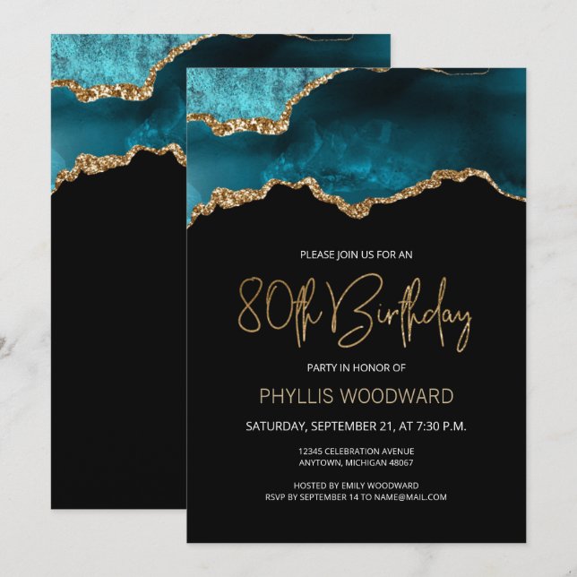Invitación Elegante Agate de Oro Verde azulado 80 cumpleaños (Anverso / Reverso)
