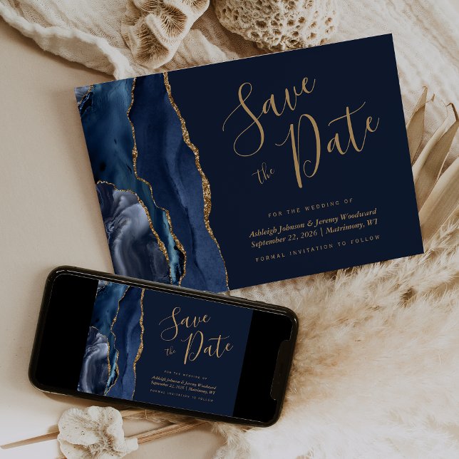 Invitación Elegante Agate Navy Blue Gold Salvar la fecha (Subido por el creador)