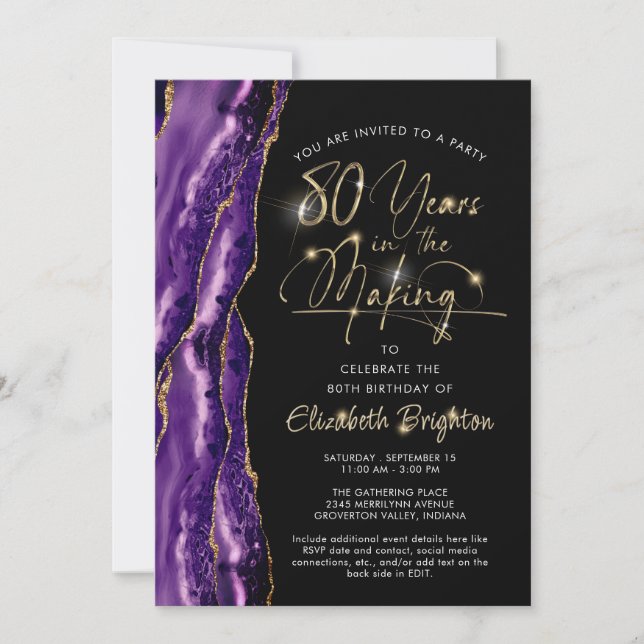 Invitación Elegante Agate Purple Black Gold 80 cumpleaños (Anverso)
