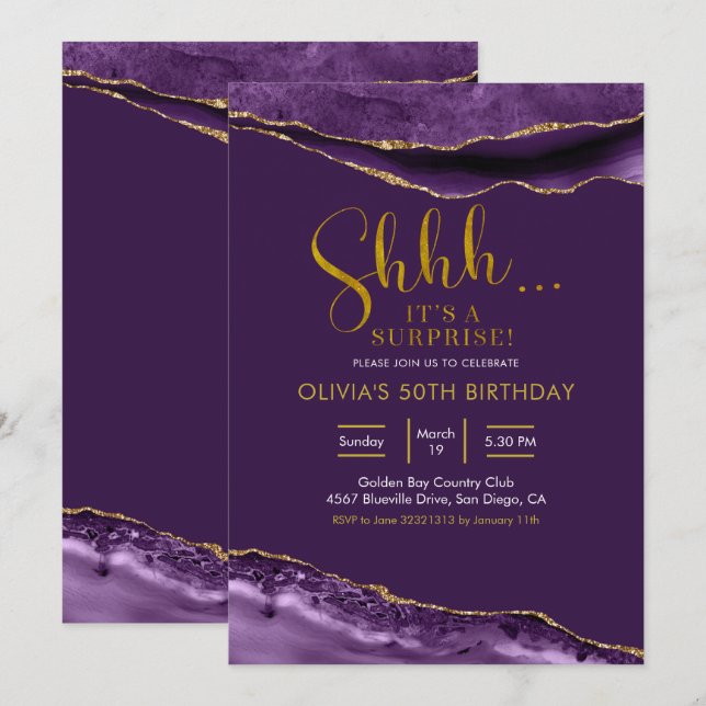 Invitación Elegante Agate Purple y Gold Surprise Cumpleaños (Anverso / Reverso)