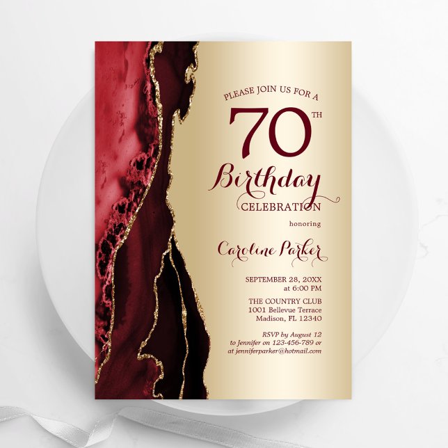 Invitación Elegante Agate Rojo Borgoña de Oro 70 cumpleaños (Subido por el creador)