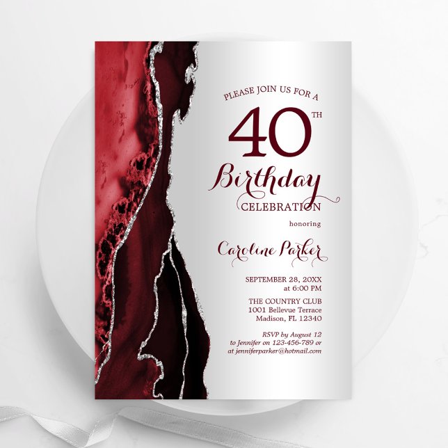 Invitación Elegante Agate Rojo Borgoña Plata 40 cumpleaños (Subido por el creador)