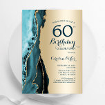 Invitación Elegante Agate Verde azulado de Oro 60 cumpleaños<br><div class="desc">Invitación a la fiesta de cumpleaños número 60 verde azulada y de oro. Elegante diseño moderno con fondo geodésico de mármol agate acuarela, oro falso purpurina y tipografía de escritura. La carta de invitación de moda es perfecta para una elegante celebración del cumpleaños de las mujeres. Invitaciones Zazzle impresas o...</div>