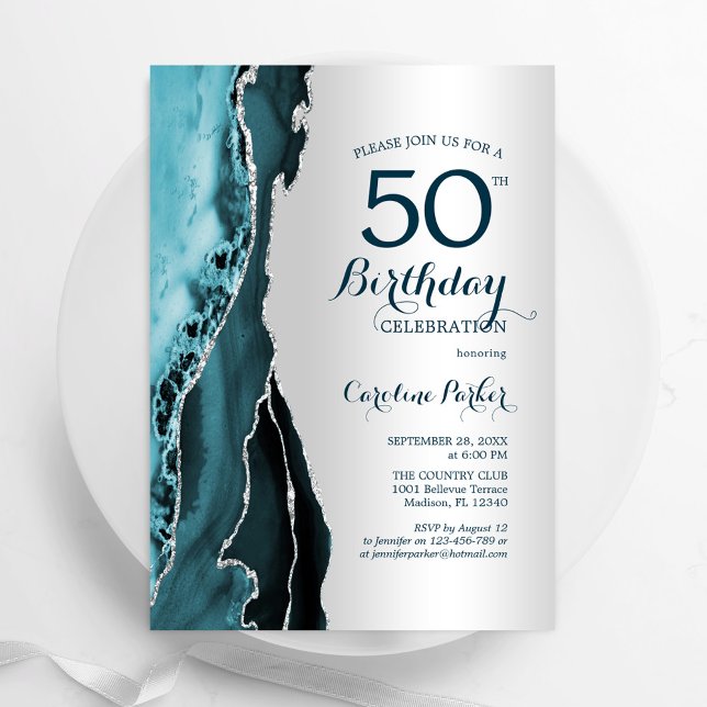 Invitación Elegante Agate Verde azulado Plata 50 cumpleaños (Subido por el creador)