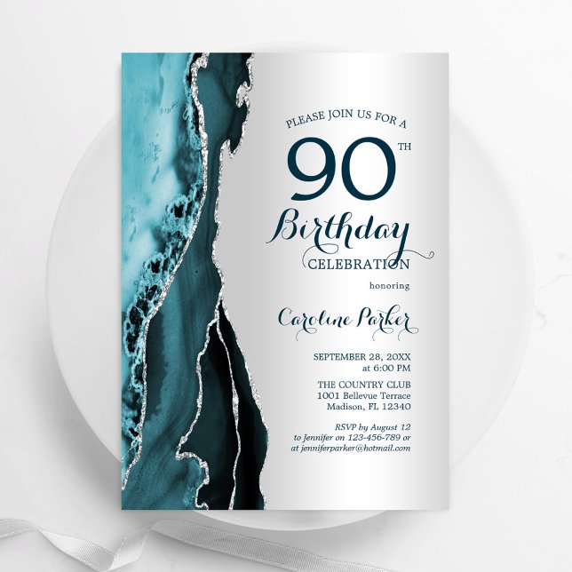 Invitación Elegante Agate Verde azulado plateado 90 cumpleaño (Subido por el creador)