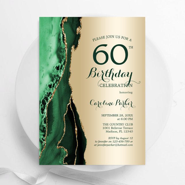 Invitación Elegante Agate verde esmeralda de oro 60 cumpleaño (Subido por el creador)