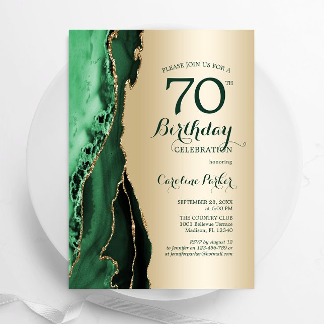 Invitación Elegante Agate verde esmeralda de oro 70 cumpleaño (Subido por el creador)