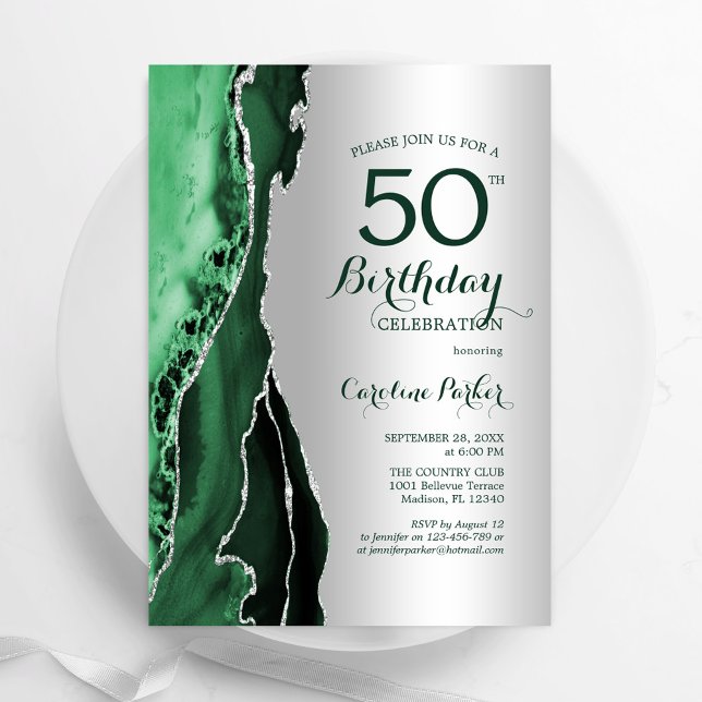 Invitación Elegante Agate verde esmeralda plateado 50 cumplea (Subido por el creador)