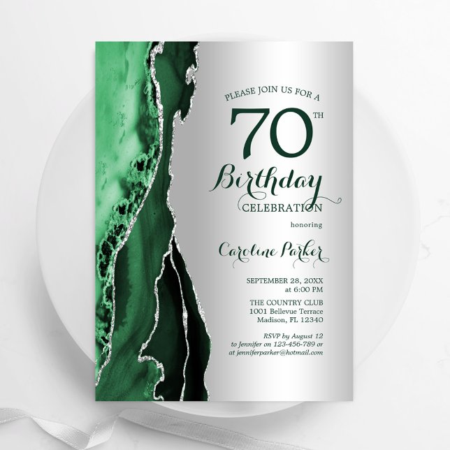 Invitación Elegante Agate verde esmeralda plateado 70 cumplea (Subido por el creador)