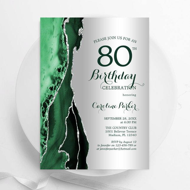 Invitación Elegante Agate verde esmeralda plateado 80 cumplea (Subido por el creador)