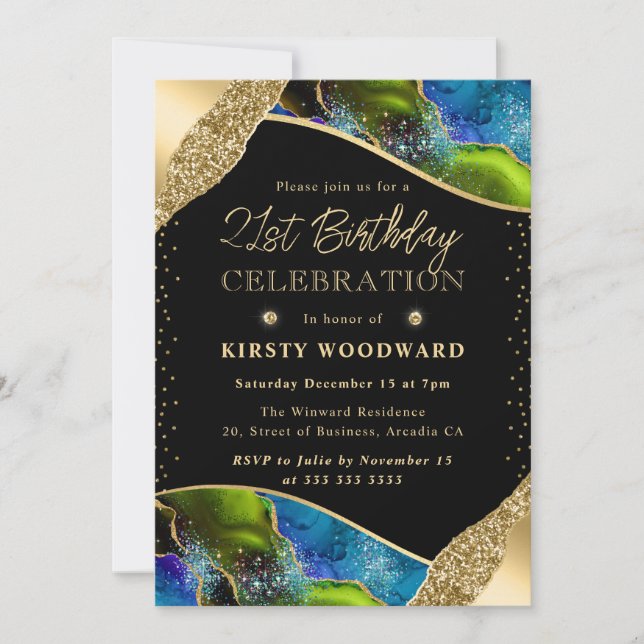 Invitación Elegante Agate Verde y Azul cumpleaños 21 (Anverso)