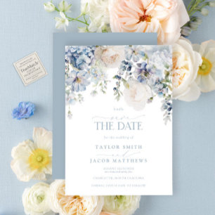 Invitación Elegante Ahorra la Fecha Floral Acuarela Azul Polv