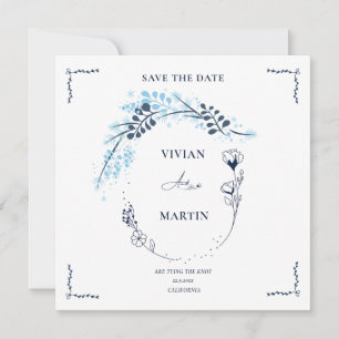 Invitación Elegante Ahorra la Fecha Floral Monograma Azul Mar