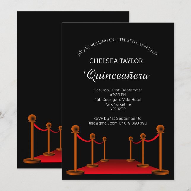 Invitación Elegante alfombra roja Quinceañera personalizada (Anverso / Reverso)
