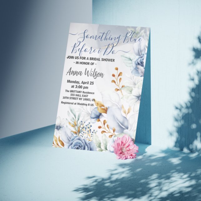Invitación elegante Algo azul antes de ducharse de novia (Something Blue Before I do bridal shower elegant watercolor flowers bride to be elegant calligraphy )