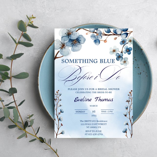Invitación Elegante Algo Azul Antes De Hacer Ducha Bridal ( Something Blue Before I Do Bridal shower blue white watercolor typography victorian luncheon brunch)
