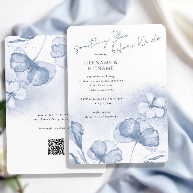 Invitación Elegante Algo Floral Azul QR Ducha Bridal (Subido por el creador)