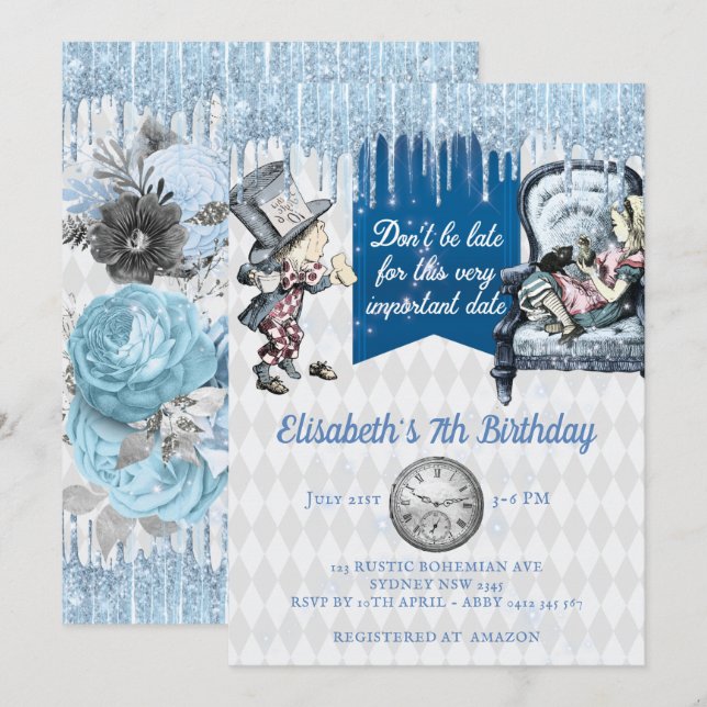 Invitación Elegante Alicia de Hielo Azul en Fiesta de Maravil (Anverso / Reverso)