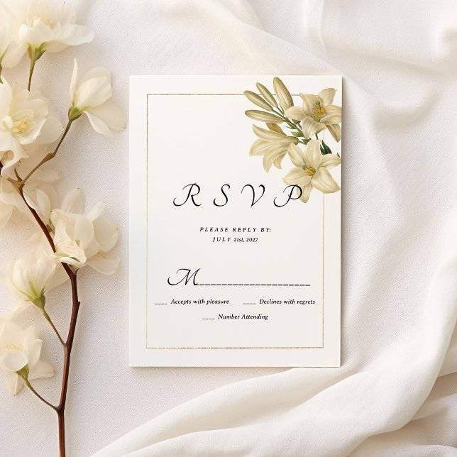 Invitación Elegante alirio floral de oro blanco negro RSVP (Elegant boho white gold floral lily RSVP )