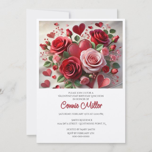 Invitación Elegante almuerzo de cumpleaños del Día de San Val (Anverso)