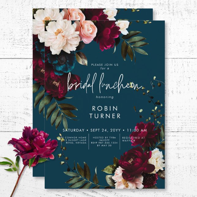 Invitación Elegante almuerzo de novia con flores azules y bor (Elegant Burgundy & Blue Floral Bridal Luncheon Invitation)