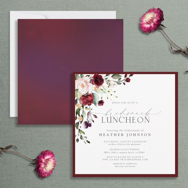 Invitación Elegante almuerzo de novia floral borgoñona (Subido por el creador)