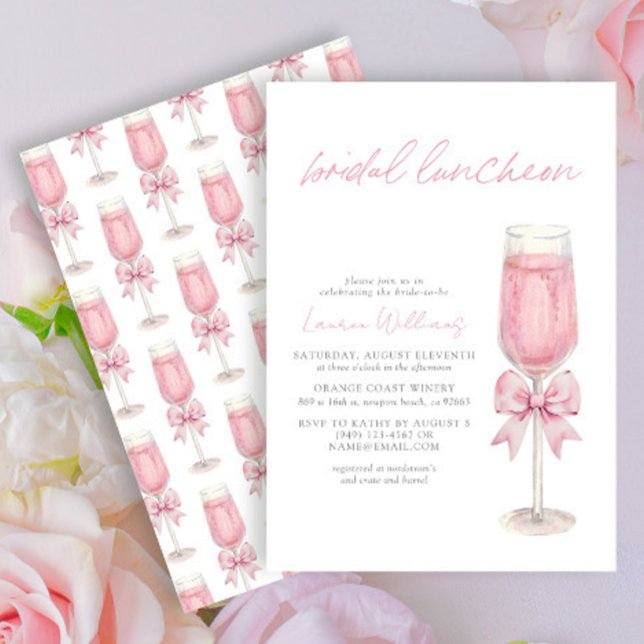 Invitación Elegante almuerzo de novias Rubor Pink Bow Champag (Subido por el creador)