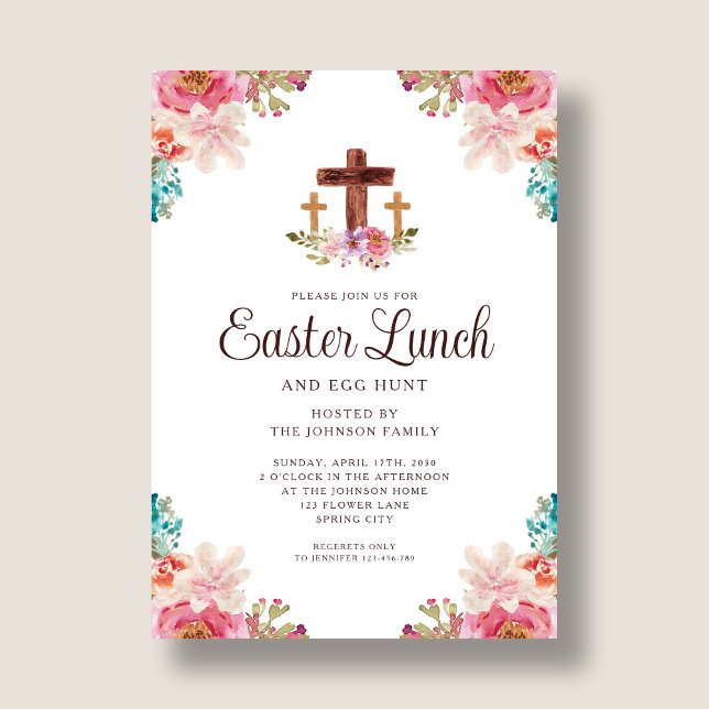 Invitación Elegante almuerzo de Pascua de la Cruz Floral (Elegant Floral Cross Easter Lunch Invitation)