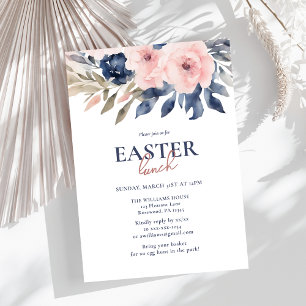 Invitación Elegante almuerzo de pascua floral rosa Rubor azul