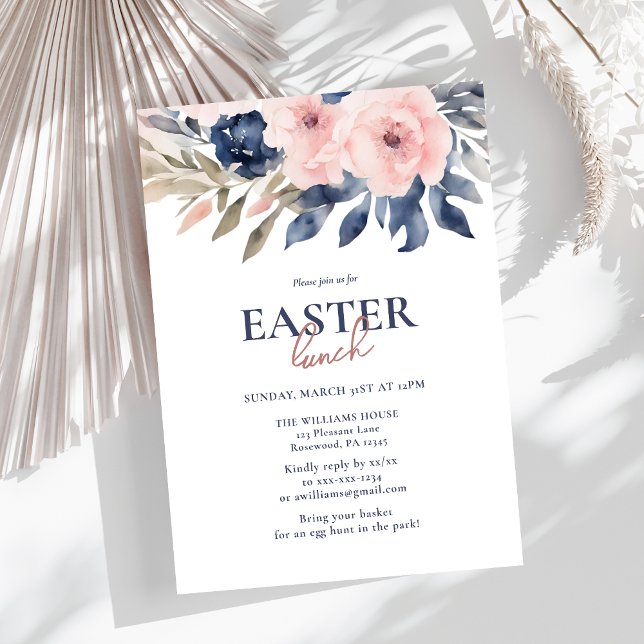 Invitación Elegante almuerzo de pascua floral rosa Rubor azul (Subido por el creador)