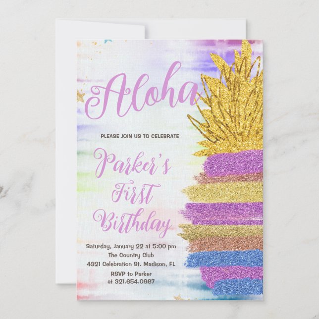Invitación Elegante Aloha Purple Rainbow Pineapple Cumpleaños (Anverso)