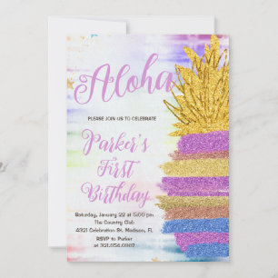 Invitación Elegante Aloha Purple Rainbow Pineapple Cumpleaños