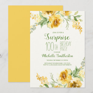 Invitación Elegante Amarillo Acuarela Floral 100 Cumpleaños
