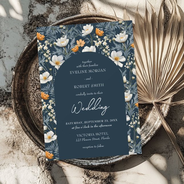Invitación Elegante amarillo y blanco flores silvestres arco  (Elegant yellow and white wild flowers navy arch invitation)