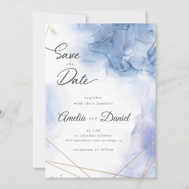 Invitación Elegante Amatista Azul boda Save the Date (Anverso)