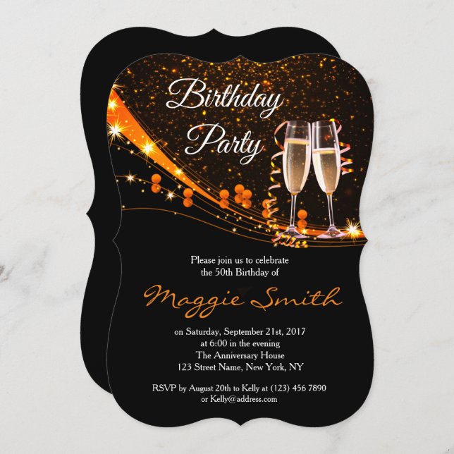 Invitación Elegante Amber Champagne fiesta de cumpleaños (Anverso / Reverso)