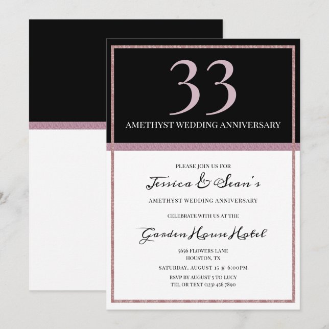 Invitación Elegante Ametista y Negro 33 Aniversario Boda (Anverso / Reverso)