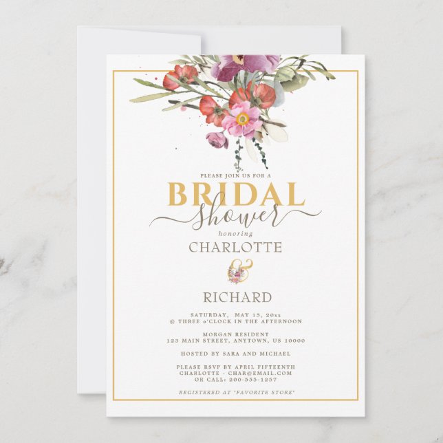Invitación Elegante Ampersa De Oro Floral Rosa Y Ducha Bridal (Anverso)