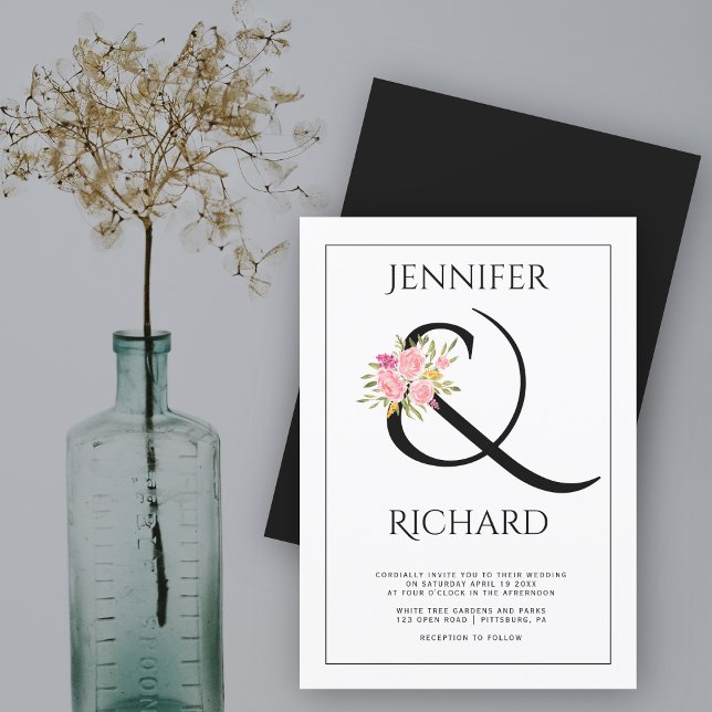 Invitación Elegante ampersand blanco negro, boda de rosas ros (Subido por el creador)