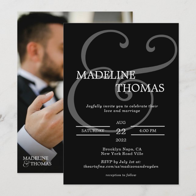 Invitación Elegante Ampersand Blanco Negro con Boda de fotos (Anverso / Reverso)