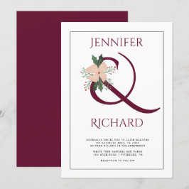 Invitación Elegante ampersand burgundy y boda de flores rosad