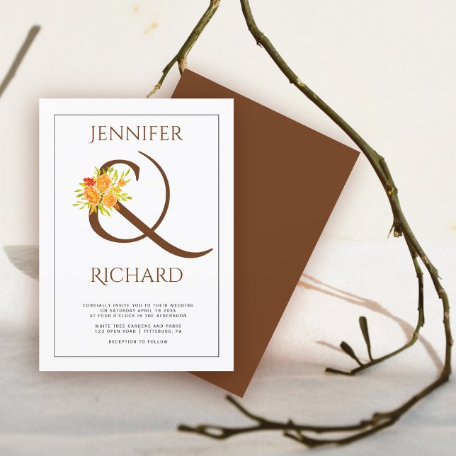 Invitación Elegante ampersand marrón, rosas naranjas caen mat (Subido por el creador)