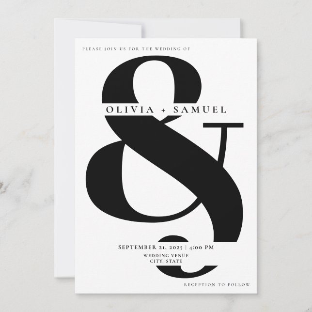 Invitación Elegante Ampersand y Minimalista Boda Blanco Negro (Anverso)