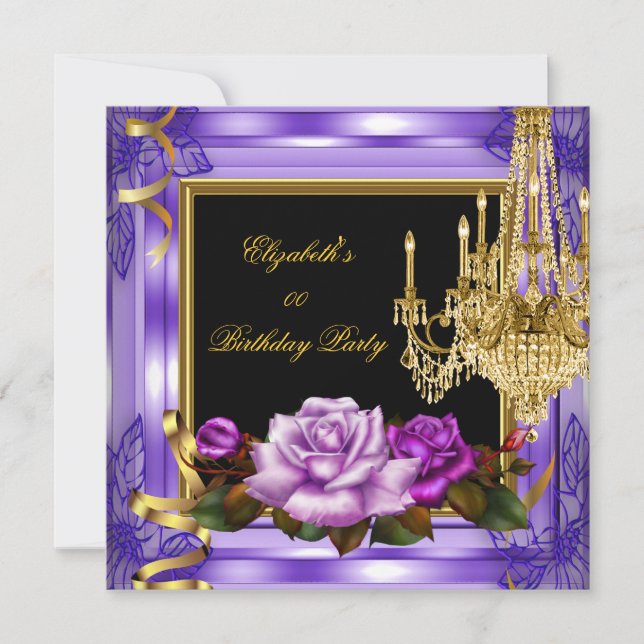 Invitación Elegante añada edad Rosas de oro morado de cumplea (Anverso)