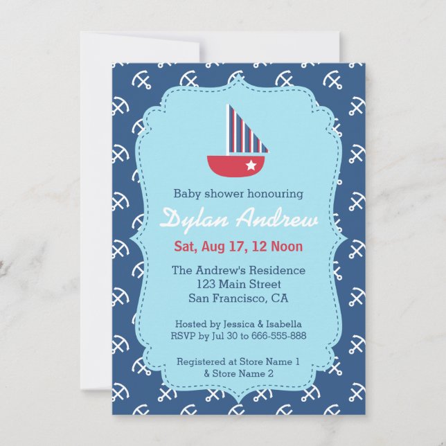 Invitación Elegante Anchor de vela Ducha de bebé náutica (Anverso)